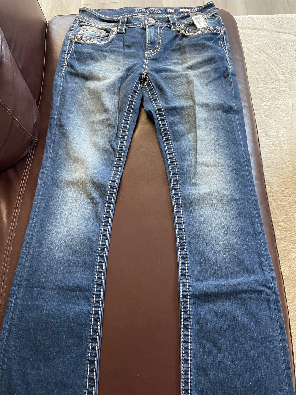 NWT Miss Me Women's Blue Slim Boot  Cut Jeans with Contrast Stitching 27